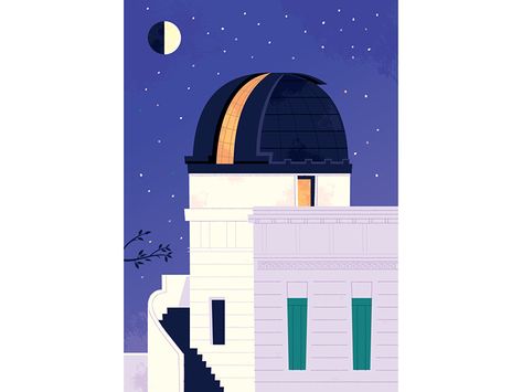 Griffith Observatory by Alexander Vidal Observatory Illustration, Science Design, Griffith Observatory, Building Drawing, Magical Art, Inspirational Design, Designs To Draw, Cali, Cosmos