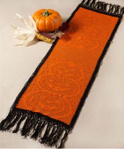 Happy Jack O' Lantern Table Runner | AllFreeCrochet.com Crocheted Halloween, Runner Crochet, Crochet Table Topper, Crochet Thread Size 10, Pumpkin Table Runner, Crochet Holiday, Halloween Table Runners, Crochet Table Runner Pattern, Crochet Halloween