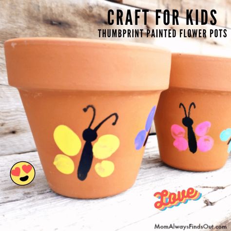 Love these adorable thumbprint art butterfly flower pots! Easy craft for kids to make! Perfect Mother's Day gift idea and Spring crafts. Directions at Mom Always Finds Out. Thumbprint Art, Fingerprint Crafts, Garden Crafts For Kids, Easy Mother's Day Crafts, Insect Crafts, Flower Pot Crafts, Spring Crafts For Kids, Summer Crafts For Kids, Painted Flower Pots