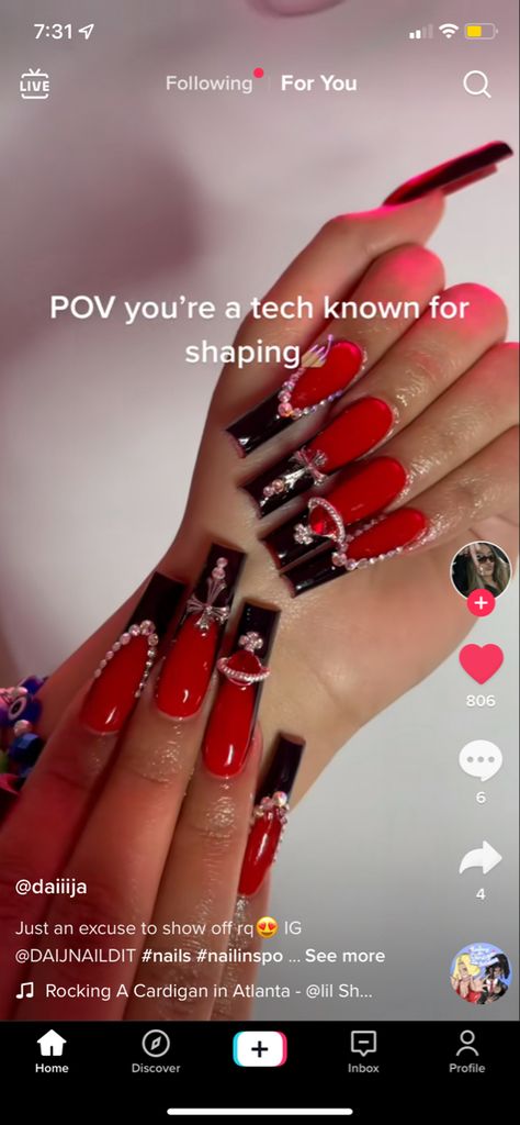 Black And Red Long Acrylic Nails, Red Black And Silver Nails Design, Black Nails With Red French Tip, Red And Black Quince Nails, Red And Black Nails Design Coffin, Black And Red French Tip, Red And Black Birthday Nails, Red And Black French Tip Nails, Black And Red French Tip Nails