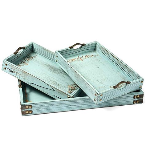 Bed Tray Decor, Blue Ottoman, Coastal Decorating Living Room, Vintage Serving Trays, Ottoman Decor, Diy Tray, Ottoman Tray, Wooden Serving Trays, Serving Trays With Handles