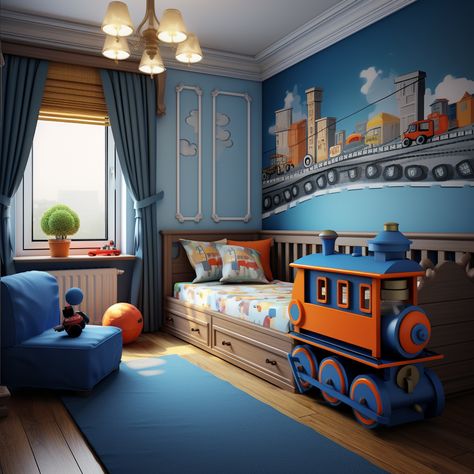 A baby boy's imagination train-themed bedroom is a delightful and inspiring space that encourages imaginative play, learning, and a lifelong love for trains. It's a room where the child can embark on exciting adventures in the world of trains and transportation. Thomas Themed Bedroom, Thomas The Train Bedroom, Toddler Train Room, Train Bedroom Ideas, Train Bedroom For Boys, Train Theme Bedroom, Train Bedroom Decor, Boys Train Room, Train Room Decor