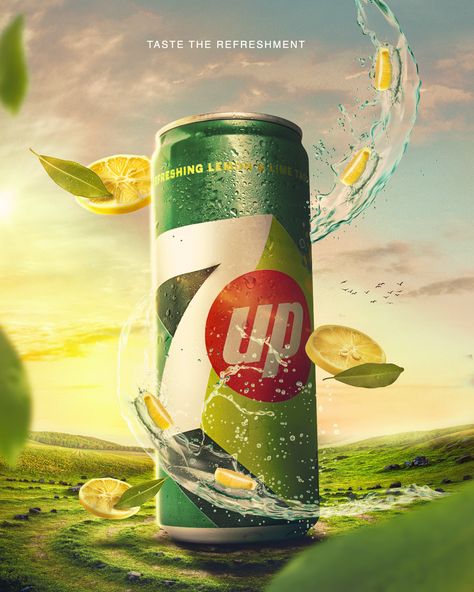 Ad Ideas Creative Advertising, Product Design Photoshop, Product Manipulate, Product Ingredients Design, Advertisement Poster Product, Product Advertisement Design Poster, Product Creative Ads, Product Advertising Design, 7up Can