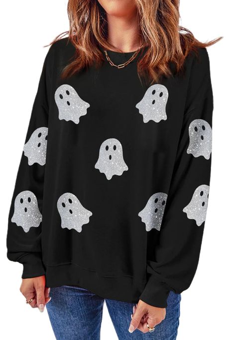 PRICES MAY VARY. Material: Polyester blend. Women's Halloween sequin sweatshirt made by quality fabric, lightweight, breathable, skin-friendly. Cute ghost graphic pullover tops, long sleeve crewneck sweatshirts, funny novelty Halloween shirt for women, pumpkin print sweatshirt pullover top. Features: Halloween sweatshirts for women, loose fit, round neck, oversized, Halloween pumpkin sweater top, drop shoulder, fall pumpkin Tshirt, casual long sleeve shirt tops. cute Halloween pullover, witchy s Ghost Pattern, Fall Pullover, Ghost Shirt, Halloween Looks, Glitz And Glam, Halloween Sweatshirt, Long Sleeve Sweatshirt, Halloween Women, Black Glitter