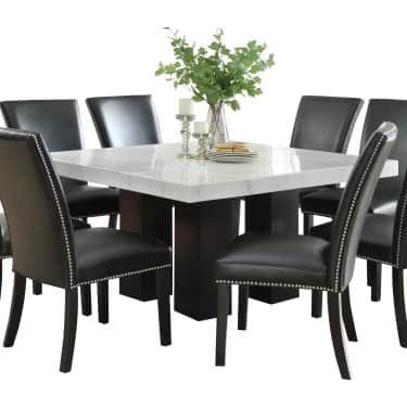 Steve Silver Co. Camila Square Dining Table | Hayneedle Square Dining Room Table, Marble Top Dining Table, Marble Dining Table, Black Dining Chairs, Square Dining Table, Counter Height Dining Table, Rectangle Dining Table, 7 Piece Dining Set, Marble Table Top