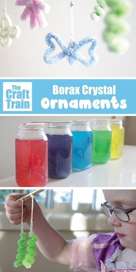 Borax Crystal Ornaments, Borax Crystals, Train Ornament, Stem Crafts, Science Chemistry, Pipe Cleaners, Endocrine System, Crystal Ornament, Diy Making