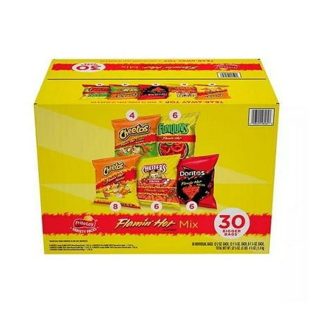 Frito-Lay Flamin' Hot Mix (30 pk.) Specifications (8) 2 oz. bags of Cheetos Crunchy Flamin Hot Cheese Flavored Snacks (6) 1.75 oz. bags of Doritos Flamin Hot Nacho Cheese Flavored Tortilla Chips (6) 1.75 oz. bags of Chesters Flamin Hot Fries Potato Snacks (6) 1.25 oz. bags of Funyuns Flamin Hot Flavored Onion Rings (4) 2 oz. bags of Cheetos Crunchy Flamin Hot Limon Cheese Flavored Snacks About this item Variety of 5 Flamin' Hot flavored snacks Packaged for individual sale Ideal for vending machines, concessions, and convenience stores Packaging may vary Bag Of Cheetos, Sour Cream Potatoes, Cheetos Crunchy, Doritos Nachos, Hot Potato, Hot Cheese, Potato Snacks, Frito Lay, Premium Meat