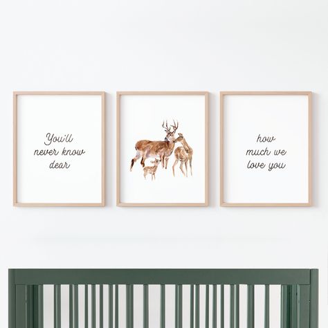 Frames are not included. Watercolor Deer Family 3 Print Set, You'll Never Know Dear, How Much We Love You, Woodland Nursery Art / Reproduction of an original deer family watercolor painting by Moon Rock Prints. Our 3 print deer family watercolor print set makes for great wall art in an enchanted forest nursery, woodland nursery, or as as woodland baby shower decor. It would also be a great baby shower gift for a new parent. - Printed on heavy weight, acid-free fine art paper - Frame is not included. - Depending on the print size, prints come wrapped and shipped flat in a protective sleeve with cardboard backing or come rolled in a sturdy tube. Woodland Nursery Art Watercolor FDeer  You'll Never Know Dear 3 Print Set Deer Themed Nursery, Hunting Theme Nursery, Fawn Nursery, Enchanted Forest Nursery, Hunting Nursery, Family Watercolor, Deer Theme, Cottagecore Garden, Gallery Wall Nursery