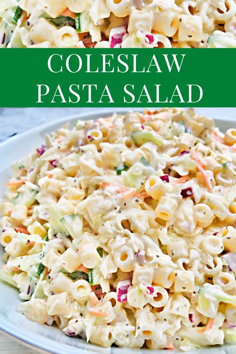 Coleslaw Pasta Salad Coleslaw Pasta Salad, Coleslaw Pasta, Hamburger Side Dishes, Rock Crock Recipes, Gluten Free Breads, Coleslaw Recipe Easy, Best Macaroni Salad, Taco Soup Recipe, Vegan Salads