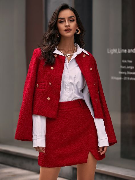 Red Elegant  Long Sleeve Tweed Plain Regular  Non-Stretch Spring/Fall Women Outerwear Red Preppy Outfit, Red Skirt Outfits, Tweed Jacket Outfit, Jane Moore, Celeb Outfits, Tweed Overcoat, Tweed Outfit, Zara Tweed, Career Outfits