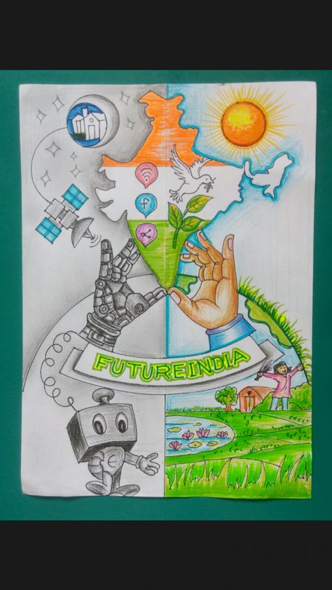 Future India Drawing Ideas, Future India 2050 Drawing, Technology Development In India Drawing, Festival Of India Painting, Future Of India Poster, Future India Drawing, Save Water Drawing, Drawing Ideas Pencil, India Drawing