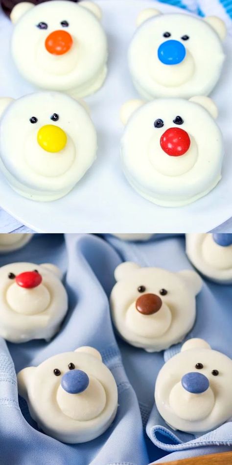 Polar Bear Desserts, Oreo Cookie Designs, Bear Desserts, Christmas Cooking Ideas, Edible Christmas Crafts, Polar Bear Food, Polar Bear Cookies, Polar Bear Cake, Snack Halloween