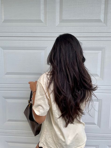 Deep V Layered Haircut, Haircut Layers Long Straight, Medium Long Haircut Thick Hair, V Style Haircut Long Layered, Long Layered Haircuts Dark Hair, Long Dark Brown Layered Hair, V Cut Layers Long Hair, Chunky Layers Long Hair Straight, V Cut Vs U Cut Hair