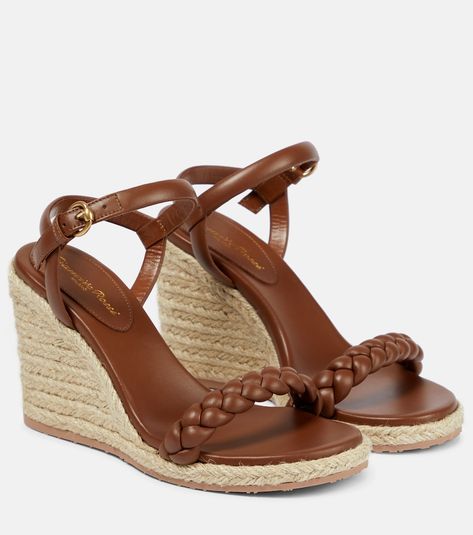 Find Gianvito Rossi Leather Espadrille Wedges on Editorialist. Toe shape: round open toe. Lining: leather. Trim: jute. Sole: leather insole, rubber sole. Upper: lamb leather. Designer color name: Cuoio+Naturale. Comes with a box. Made in Italy. Comes with dust bag. Closure: buckle-fastening ankle strap. Inspi Shoes, Brown Accessories, Rossi Shoes, Brown Wedges, Italian Craftsmanship, Womens Sandals Wedges, Leather Espadrilles, Braided Strap, Womens Wedges