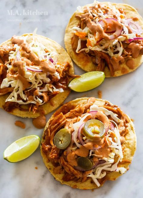 BBQ Chicken Tostadas | Super Easy Recipe! Sweet Bbq Chicken, Bbq Chicken Tostadas, Mexican Slaw, Homemade Chorizo, Tostada Recipes, Shredded Bbq Chicken, Chicken Tostadas, Chipotle Sauce, Super Easy Recipes