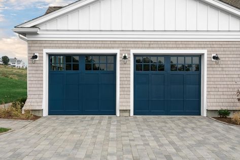 Nautical Navy Garage Doors | HGTV Navy Garage Door, Navy Garage, Garage Door Modern, Contemporary Backyard, Deck Pictures, Hgtv Dream Home, Rooftop Deck, House Paint Exterior, Patio Stones