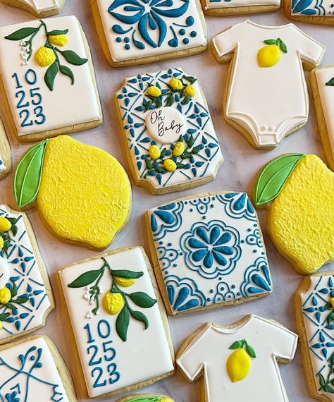 When life gives you an Amalfi-inspired baby shower order, make lemon (cookies)! La Dolce Vita 🍋 Loved working on this set…this theme has… | Instagram Lemon Cookies Decorated Royal Icing, Amalfi Coast Theme Cake, Lemon Themed Cookies, Amalfi Cookies, Amalfi Coast Cookies, Limoncello Baby Shower Theme, Italy Theme Baby Shower Ideas, Ciao Bambino Baby Shower Theme, Baby Shower Italian Theme