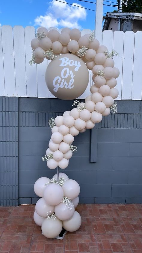 Balloon Question Mark Gender Reveal, Boho Gender Reveal Backdrop, Question Mark Gender Reveal Balloon, Gender Reveal Balloon Arch Ideas, Green And Pink Gender Reveal Ideas, Small Gender Reveal Decorations, Gender Reveal Entrance Decor, Brown And White Gender Reveal, Gender Reveal Question Mark Balloon