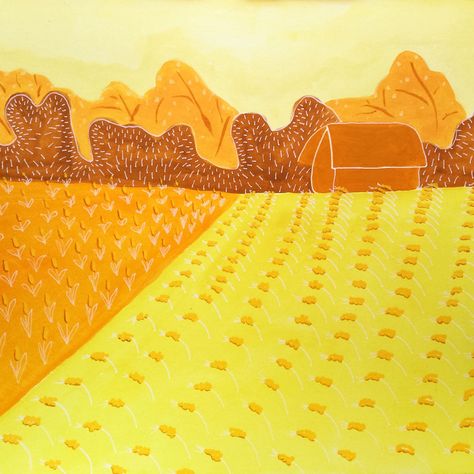 Rural Landscape in Yellow. A monochrome painting of a farm and its fields. Yellow Monochromatic Painting, Monochromatic Painting Ideas, Monochromatic Illustration, Monochromatic Watercolor, Monochromatic Painting, Monochrome Painting, Monochromatic Art, Ceramic Products, Monochrome Color