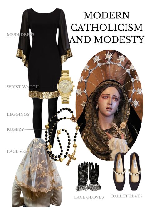 Elegantly Embrace Modesty & Faith: Infused with Classical Catholic Influences! Catholic Inspired Fashion, Catholic Robes, Catholic Modesty, Catholic Fashion, Biblical Art, Lace Gloves, Mesh Dress, School Outfits, In Fashion