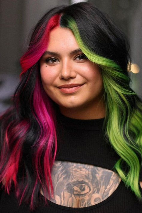 Daring Split-Dyed Long Waves: Neon Green and Fuchsia Pink pop against onyx black locks, a striking blend of colors for the bold and confident trendsetters. #ColorfulConfidence // Photo Credit: Instagram @afterglow.ash Fun Split Dyed Hair, Vivid Hair Color Split Dye, Color Blocked Hair With Bangs, Split Dye With Money Piece, Pink And Green Peekaboo Hair, Pink And Green Hair Split, Pink And Black Bob, Black And Pink Split Dye, Split Dye Ideas