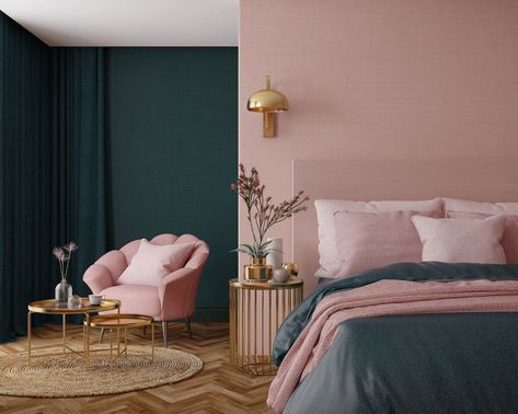 Pink And Teal Bedroom, Teal And Pink Bedroom, Pink Paint Colors, Bedroom Color Combination, Teal Bedroom, Art Deco Bedroom, Art Deco Interior Design, Bilik Tidur, Room Color Schemes