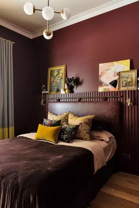 Terracotta Interiors, Maroon Bedroom, Burgundy Bedroom, Bed Design Modern Luxury, Warm Paint Colors, Double Bed Designs, Bedroom Arrangement, Feminine Bedroom, Moody Interiors