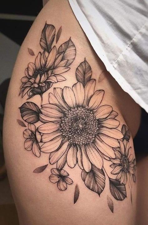 Sunflower Tattoo Thigh, Side Hip Tattoos, Remove Tattoo, Horoscope Tattoos, Full Arm Tattoos, Beautiful Flower Tattoos, Hip Tattoos Women, Back Of Shoulder Tattoo, Sunflower Tattoos