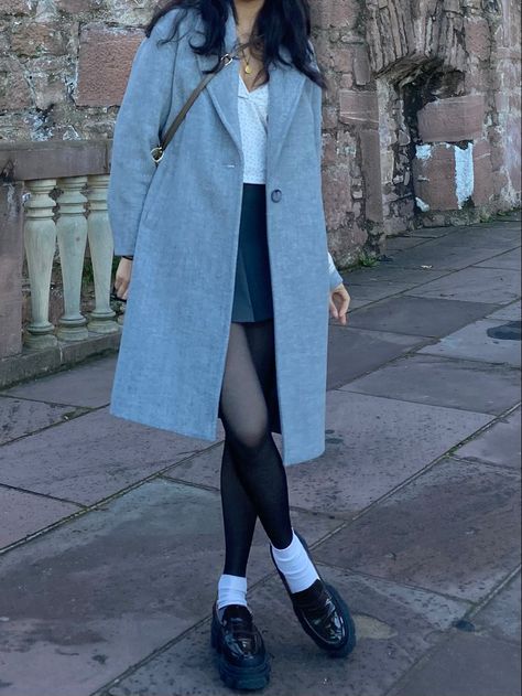 Wool Tights Outfit Winter, Coats With Skirts Outfit, Trench Coat And Skirt Outfit Winter, Grey Coat Outfit Aesthetic, Long Coat And Skirt Outfit, Grey Pleated Skirt Outfit Winter, Light Grey Wool Coat Outfit, Gray Overcoat Outfit Women, Grey Coat Winter Outfit