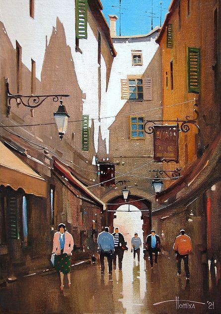 France. Hyeres. Noon, 2021 Size 30 x 21 cm. Potikha Sergey. Oil painting on canvas, glued on hardboard. Old Italian Aesthetic, Acrylic Architecture, Mediterranean Paintings, Cityscape Paintings, Poster Color Painting, Italian Aesthetic, Building Painting, Street Painting, City Painting