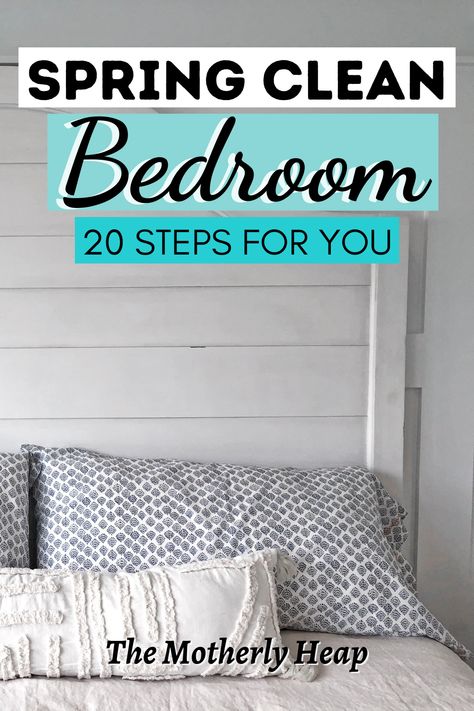 Do you need help tackling your bedroom? Do you need help with where to start the cleaning process? Here are 20 simple steps to follow in spring cleaning your bedroom! How To Spring Clean Your House, Bedroom Deep Clean Checklist, Bedroom Deep Clean, Bedroom Spring Cleaning, Bedroom Cleaning Hacks, Deep Clean Checklist, Spring Cleaning Bedroom, Spring Cleaning Kitchen, Cleaning Hacks Bedroom