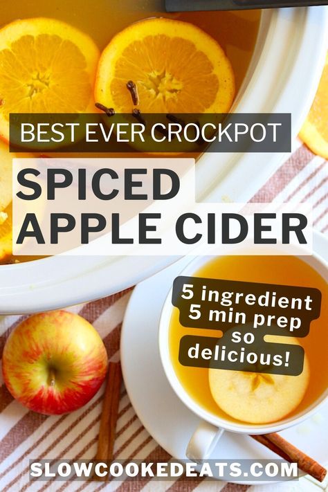 5 ingredient orange spiced crockpot apple cider with mulling spices - the perfect cozy drink recipe for Fall. Slow cooker spiced cider is perfect for serving a crowd. Leftovers can be frozen and enjoyed later! Crockpot Beverages, Hot Mulled Apple Cider, Crockpot Apple Cider, Spiced Apple Cider Recipe, Hot Apple Cider Recipe, Mulled Cider Recipe, Fall Slow Cooker, Slow Cooker Apple Cider, Fall Apple Cider