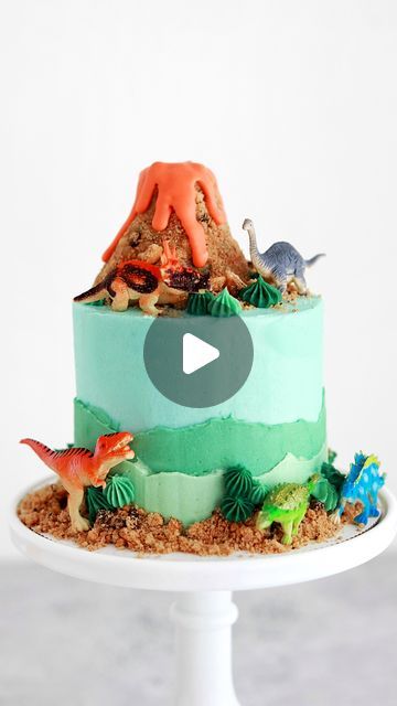 Dinosaur Birthday Cake With Volcano, Dinosaur And Volcano Cake, Dinosaur Lava Cake, Dino Cake With Volcano, Dinosaur Sprinkle Cake, Paw Patrol Dino Rescue Cake, How To Make A Volcano Cake, How To Make Dinosaur Cake, Dinosaur Volcano Birthday Cake