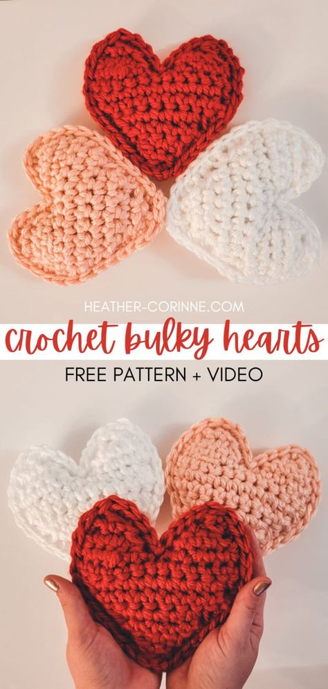 Pinterest graphic for the Crochet Bulky Heart Plush Pillows free pattern plus video at heather-corinne.com. Free Heart Crochet Pattern, Crochet Zig Zag, Heart Crochet Pattern, Crochet Quotes, Crocheted Hearts, Crochet Valentine Patterns, Crochet Hearts, Heart Plush, Heart Crochet