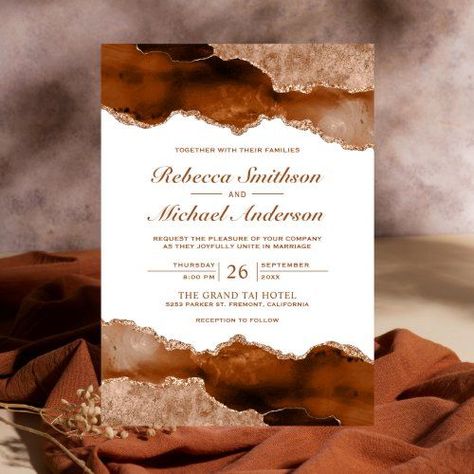 Invite your guests with this elegant wedding invite featuring a beautiful gemstone design with faux glitter accents. Simply add your event details on this easy-to-use template to make it a one-of-a-kind invitation. Brown Wedding Themes, Marble Wedding Invitation, Brown Wedding Invitations, Marble Invitation Wedding, Orange Wedding Invitations, Orange Terracotta, Burnt Orange Weddings, Wedding Canvas, Wedding Invitation Background