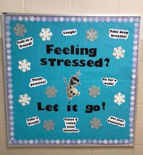 Winter Bulletin Boards For College, Winter High School Bulletin Boards, Social Work Christmas Door, Winter Counselor Bulletin Boards, Counselor Christmas Bulletin Board, Winter Sel Bulletin Boards, Frozen Bulletin Board Ideas, Winter Bulletin Boards For High School, Winter Themed Ra Bulletin Boards