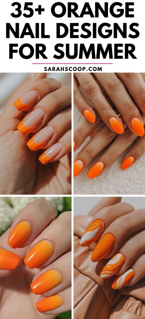 Bright Orange Nail Designs, Bright Orange Summer Nails, Orange Sunset Nails, Bright Orange Nails With Design, Nails Orange Design, Orange And White Nail Designs, Orange And Yellow Nail Designs, Orange Nails With Design, Orange Yellow Nails