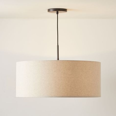 Short Drum Pendant Light - Natural Linen | West Elm Dining Room Light Fixtures Low Ceiling, Drum Light Fixture, Bronze Natural, Drum Shade Chandelier, Drum Light, Drum Pendant Lighting, Cord Set, Dining Room Light Fixtures, Metal Canopy