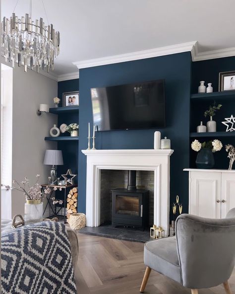 Navy Blue Alcove Living Room, Navy Grey And Cream Living Room, Blue Front Room Ideas, Blue And White Den, Small Blue Living Room Ideas, Living Room Decor Dark Blue, Navy Chimney Wall, Mink Living Room, Blue Chimney Living Room