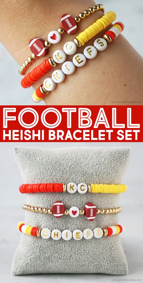 Super Bowl Bracelets, Football Bead Bracelet, Football Bracelet Diy, Diy Football Bracelets, Chiefs Beaded Bracelet, Football Team Clay Bead Bracelets, Clay Bead Bracelet Ideas Sports, Nfl Clay Bead Bracelets, Sports Bracelets Diy