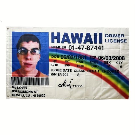 PRICES MAY VARY. ● Made of high-quality polyester material that is durable and long-lasting. ● The design features the iconic Mclovin fake ID driver's license from the popular movie Superbad. ● Designed with vibrant and bold colors that won't fade over time. ● This flag measures 3x5FT (90x150cm), making it the perfect size for hanging on a flagpole, in a dorm room, or at a party. ● Great for any Superbad or Mclovin fan, this flag is also ideal for college dorms, apartments, or bedrooms. ​Size: 3 College Tapestry, Room Flags, Funny Flags, Flag Wall Decor, Funny Tapestry, Man Cave Room, Driver License, Wall Flag, Flag Wall