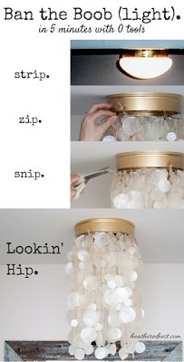 Inexpensive tips and tricks for updating a basic builder grade home. Luminaria Diy, Diy Luminaire, Diy Light Fixtures, Diy Lampe, Hemma Diy, Diy Chandelier, Capiz Shell, Bright Ideas, Overhead Lighting