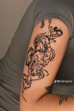 Tiger Inspired Tattoos, Knee Tiger Tattoo, Tiger Henna Tattoo, Large Delicate Tattoo, Unique Strength Tattoo Ideas, Tiger Tattoo Calf, Tiger Tattoo Aesthetic, Elegant Tiger Tattoo, Cool Tattoos For Women Arm