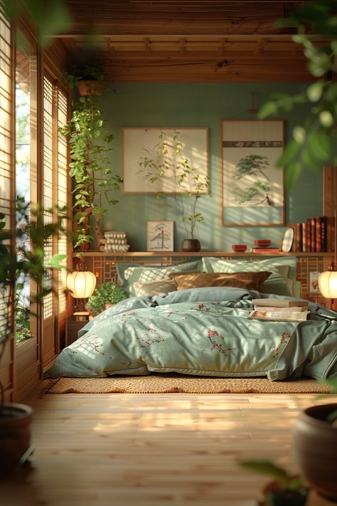 Bedroom Ideas Inspiration Cozy, Small Room Cozy Aesthetic, Korean Room Aesthetic Green, Cozy Apartment On A Budget, Bedroom Aesthetic Japanese, Bed On A Platform, Japanese Cozy Home, Korean Style Room Bedrooms, Bedroom In Basement Ideas