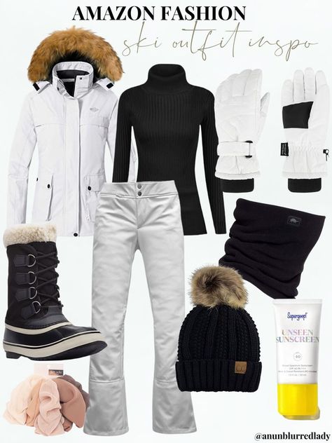 Black & White Amazon Ski Outfit All Black Ski Outfit, Snowboard Outfits For Women, White Ski Outfit, Black Ski Outfit, Ski Vacation Outfits, Snowboarding Outfit Women's, Cute Ski Outfits, Ski Fashion Womens, Snowboard Outfit