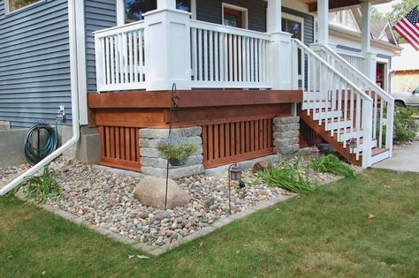 integrated corner of deck to include AC unit, downspout etc. Pier And Beam Foundation Skirting, Raised Porch Landscaping, Raised Front Porch Ideas, Raised Porch Ideas, Lattice Skirting, Diy Mobile Home Skirting, Raised Porch, Mobile Home Skirting Ideas, Porch Skirting