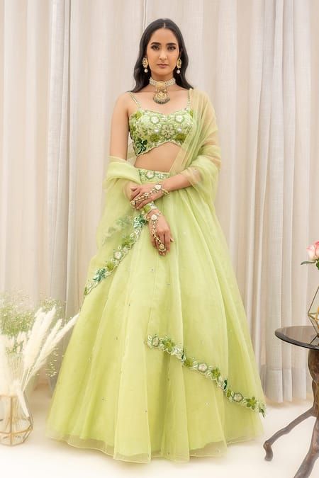 Pista Green Lehenga With Intricate Embroidery For Party, Semi-stitched Organza Sets For Navratri, Navratri Organza Embroidered Gown, Navratri Embroidered Organza Gown, Embroidered Organza Gown For Navratri, Bollywood Style Organza Lehenga With Dori Work, Pista Green Art Silk Dress For Wedding, Pista Green Art Silk Wedding Dress, Organza Choli With Intricate Embroidery For Diwali