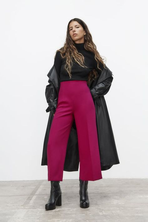 View All Basics Woman | ZARA United States Culotte Outfit, Pink Culottes, High Waisted Culottes, Culottes Outfit, Capri Dress, Culottes Pants, Long Black Coat, Zara Jumpsuit, Culotte Pants