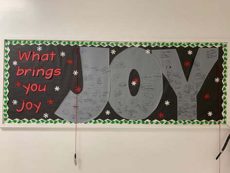 What brings you Joy, interactive Christmas bulletin board Bulletin Board Holiday Ideas, Christmas Board Ideas For Work, Counselor Christmas Door, Interactive Winter Bulletin Boards, Christmas Interactive Bulletin Boards, Holiday Decorations For Office, Winter Counselor Bulletin Boards, Christmas Art Bulletin Board, Christmas Bulletin Board Idea