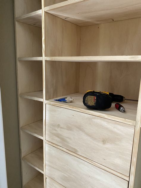 How To Build A Built In Dresser, Build Dresser Into Closet, Walk In Closet System Diy, Diy Closet Built Ins How To Build, Diy Closet Dresser, Small Closet Built Ins Diy, Diy Bedroom Closet Shelves, How To Build Drawers, Small Walkin Closet Ideas Diy